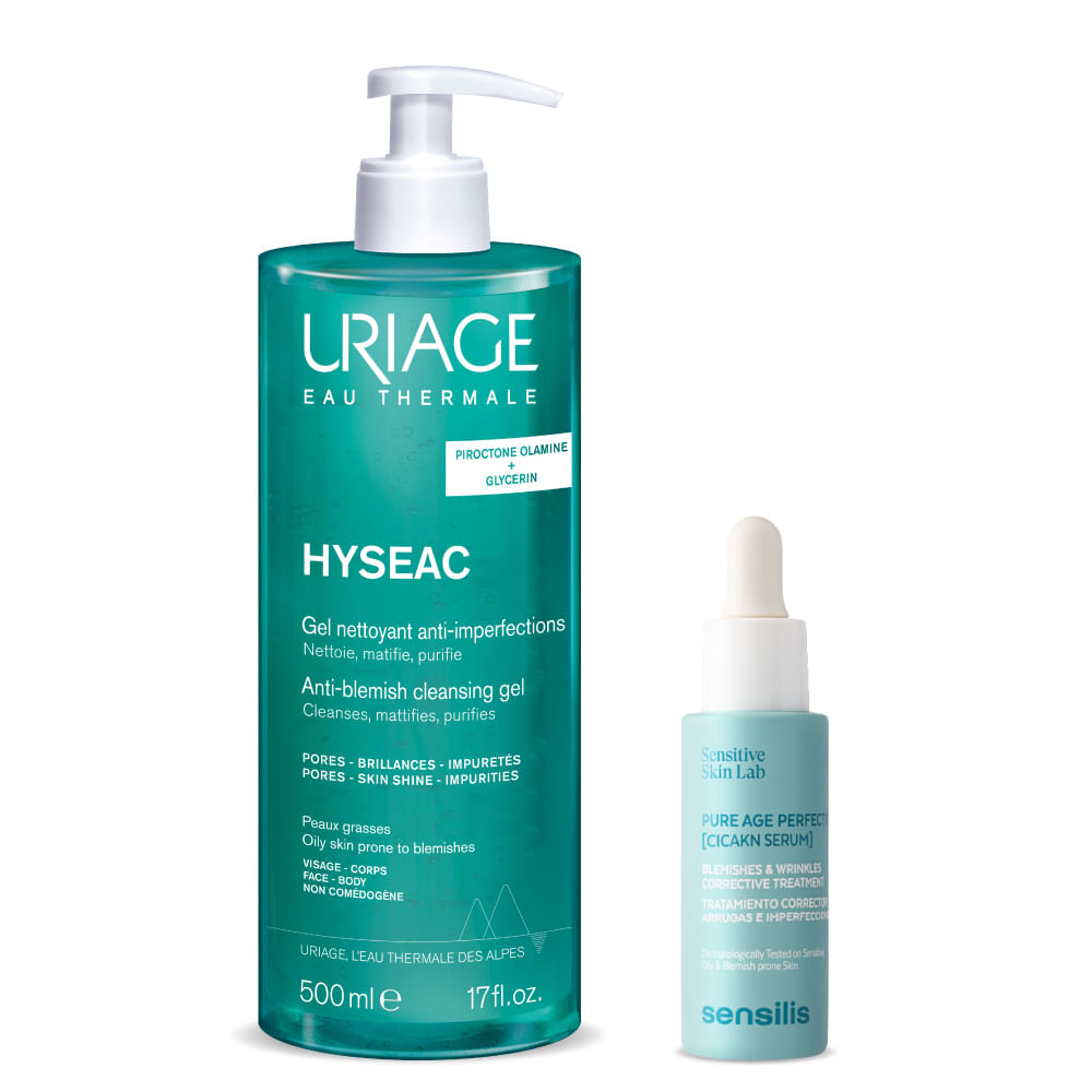 Kit Rutina Anti-Imperfecciones: Hyséac Gel Limpiador 500 ml - Uriage + Pure Age Perfection Cicakn Serum 30 ml - Sensilis